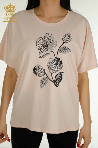 Bluză de damă cu ridicata cu broderie florală roz - 79459 | KAZEE - Thumbnail