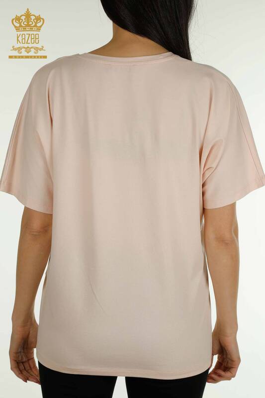 Bluză de damă cu ridicata cu broderie florală roz - 79459 | KAZEE