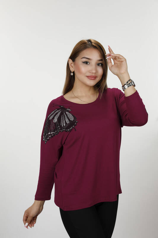 Bluză cu gât rotund pentru femei cu model fluture - 77971 | kazee