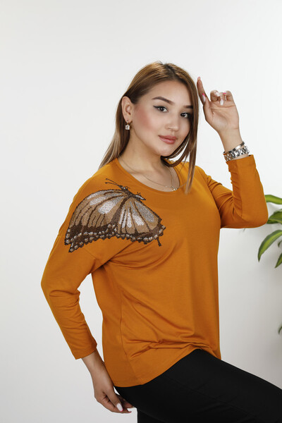 Bluză cu gât rotund pentru femei cu model fluture - 77971 | kazee - Thumbnail