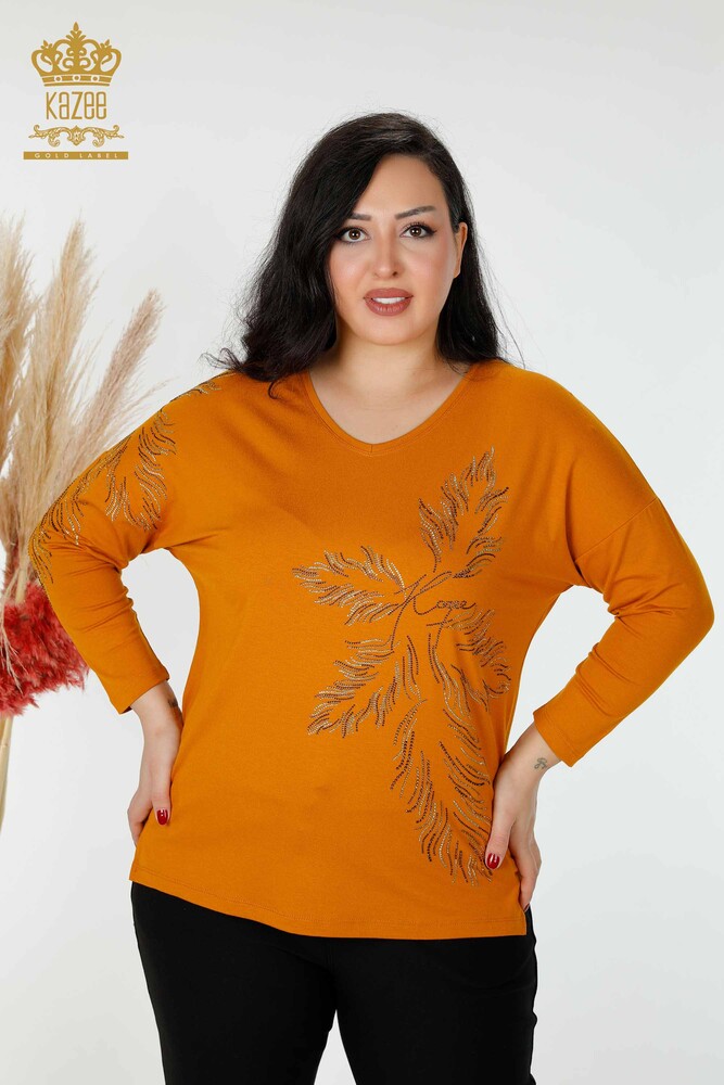 Bluză de damă cu ridicata frunze cu model bronz - 77970 | KAZEE - 1