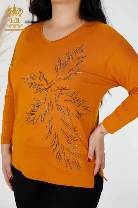 Bluză de damă cu ridicata frunze cu model bronz - 77970 | KAZEE