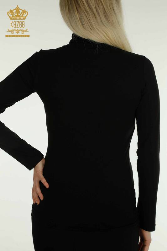 Bluză de damă cu ridicata cu guler înalt Negru - 79313 | KAZEE