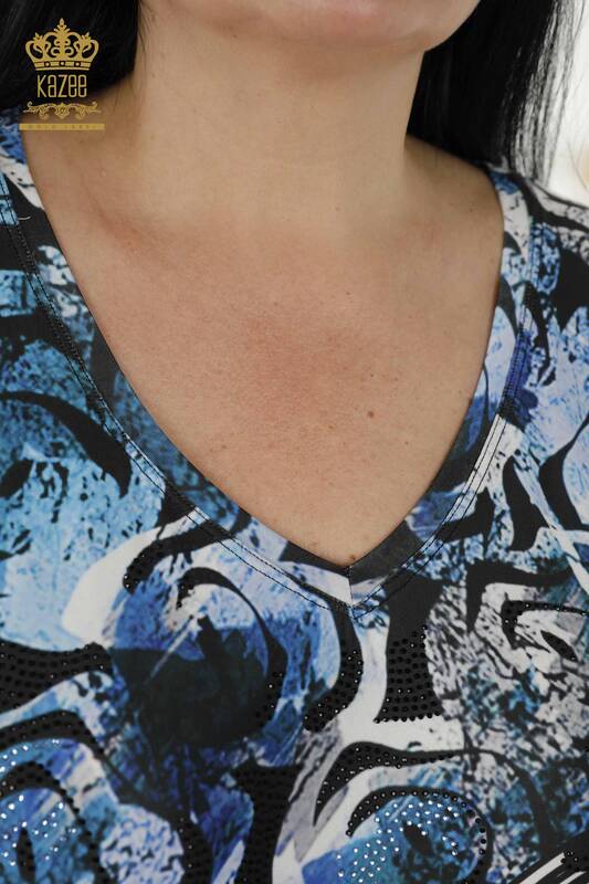 Bluză de damă cu ridicata imprimeu digital Albastru - 12028 | KAZEE