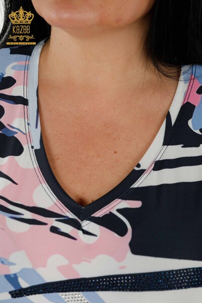 Bluză de damă cu ridicata cu imprimeu digital Albastru - 77899 | KAZEE - Thumbnail