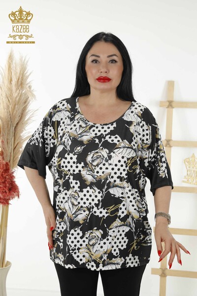 Bluză cu ridicata pentru femei cu imprimare digitală neagră - 12056 | KAZEE - Thumbnail