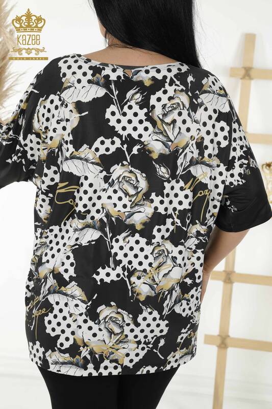 Bluză cu ridicata pentru femei cu imprimare digitală neagră - 12056 | KAZEE