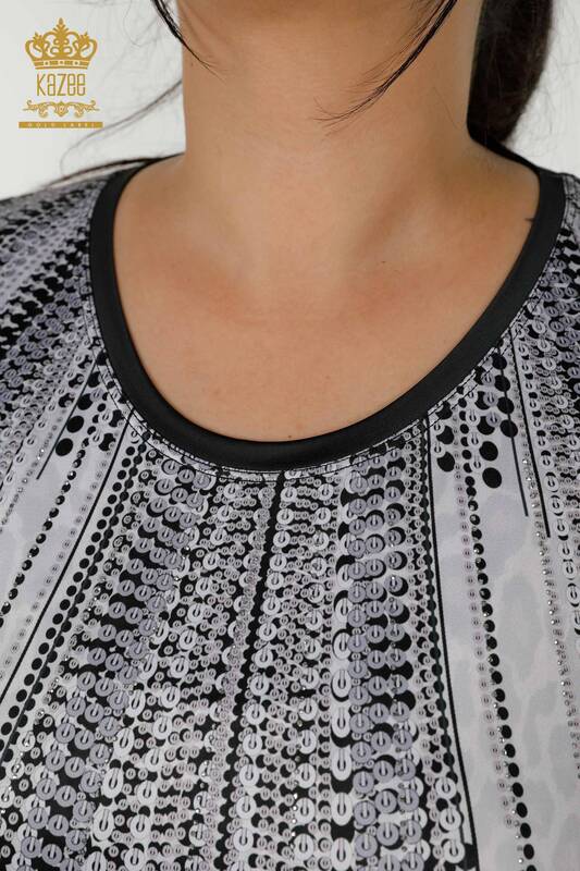 Bluză cu ridicata pentru femei cu imprimare digitală neagră - 77804 | KAZEE