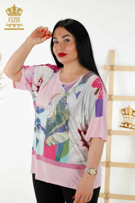 Bluză de damă cu ridicata imprimeu digital roz - 77895 | KAZEE