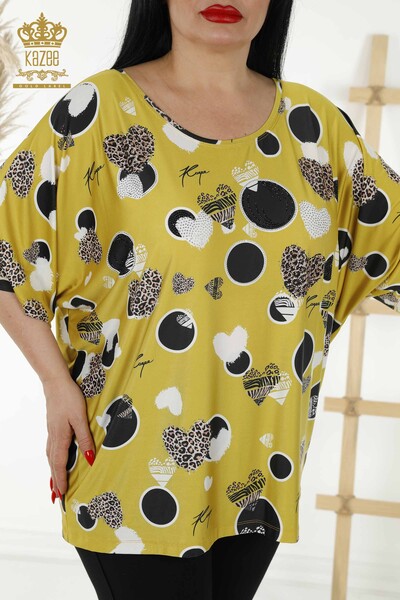 Bluză cu ridicata pentru femei cu imprimeu digital verde - 12061 | KAZEE - Thumbnail