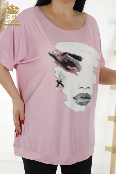 Bluză de damă cu ridicata cu imprimeu digital roz - 77755 | KAZEE - Thumbnail