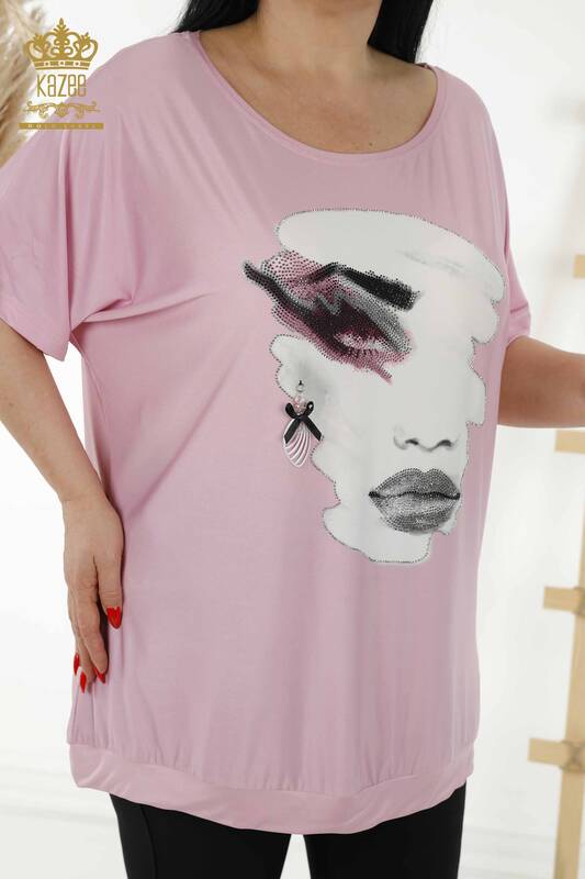 Bluză de damă cu ridicata cu imprimeu digital roz - 77755 | KAZEE