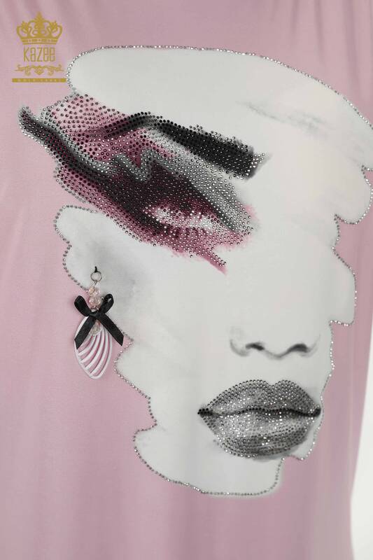 Bluză de damă cu ridicata cu imprimeu digital roz - 77755 | KAZEE