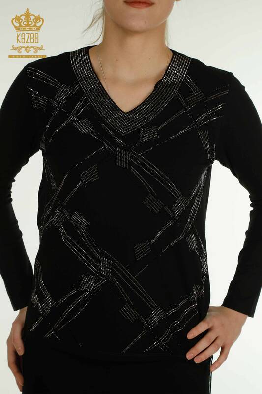 Bluză de damă cu ridicata - Mânecă lungă - neagră - 79374 | KAZEE