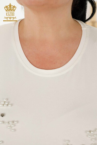 Bluză de damă cu ridicata cu mărgele brodate Ecru - 79201 | KAZEE - Thumbnail