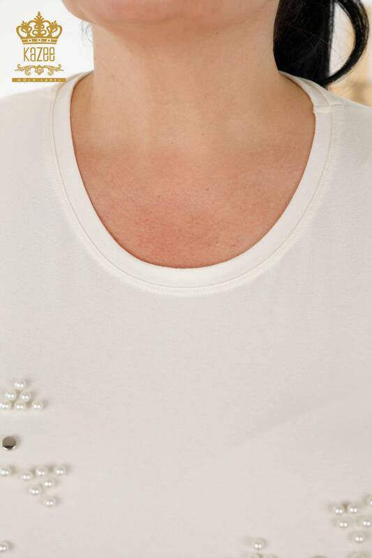 Bluză de damă cu ridicata cu mărgele brodate Ecru - 79201 | KAZEE