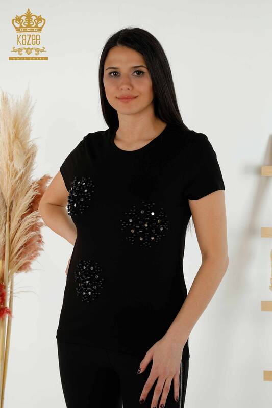 Bluză de damă cu ridicata cu mărgele brodate neagră - 79201 | KAZEE