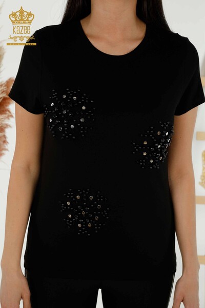 Bluză de damă cu ridicata cu mărgele brodate neagră - 79201 | KAZEE - Thumbnail