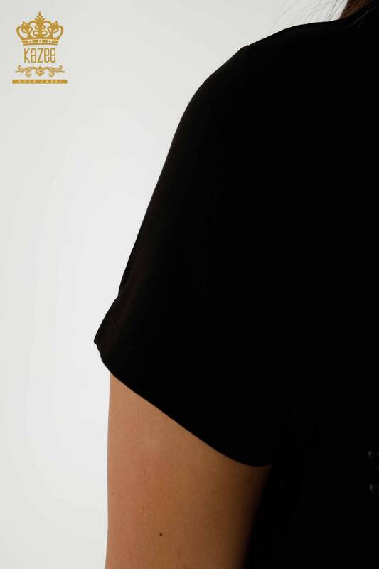 Bluză de damă cu ridicata cu mărgele brodate neagră - 79201 | KAZEE
