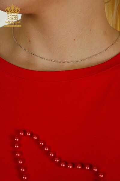 Bluză de damă cu ridicata - Brodat cu margele - Roșu - 79196 | KAZEE - Thumbnail