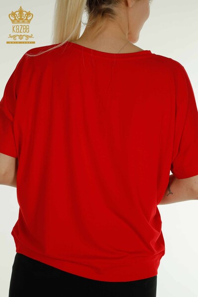 Bluză de damă cu ridicata - Brodat cu margele - Roșu - 79196 | KAZEE - Thumbnail