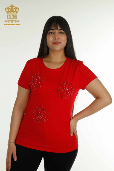 Bluză de damă cu ridicata cu mărgele roșu brodat - 79201 | KAZEE - Thumbnail
