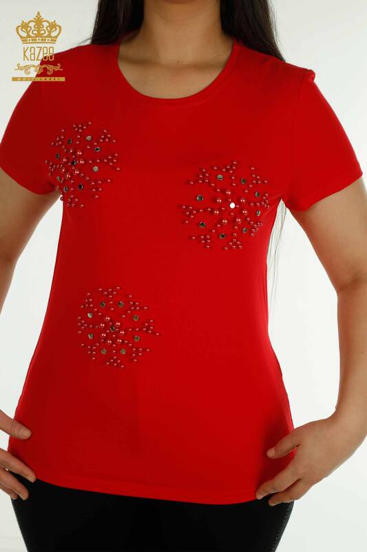 Bluză de damă cu ridicata cu mărgele roșu brodat - 79201 | KAZEE