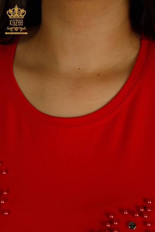 Bluză de damă cu ridicata cu mărgele roșu brodat - 79201 | KAZEE