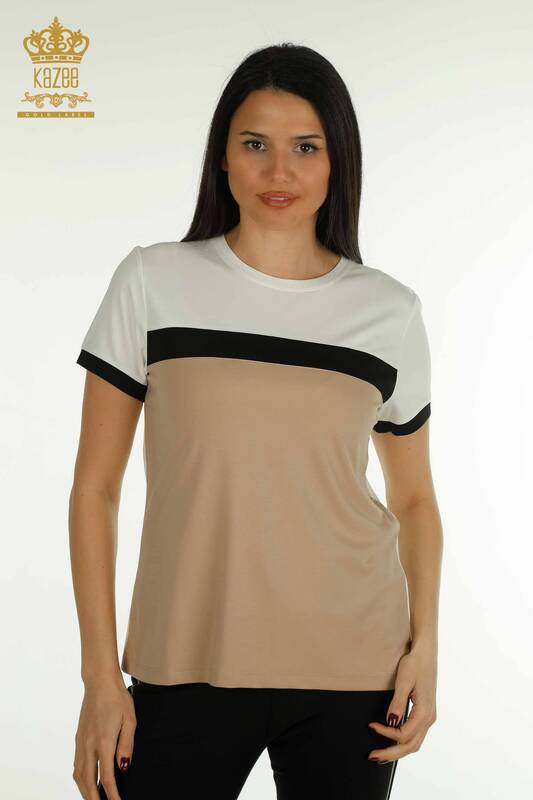 Bluză de damă cu ridicata - Multicolore - Ecru-Bej - 79498 | KAZEE
