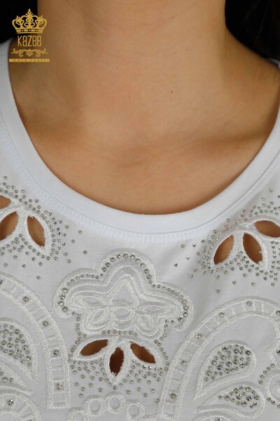 Bluză de damă cu ridicata - Cu Piatră brodată - albă - 79468 | KAZEE - Thumbnail
