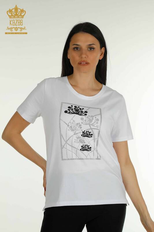 Bluză de damă cu ridicata - Brodat cu piatră - Alb - 79863 | KAZEE