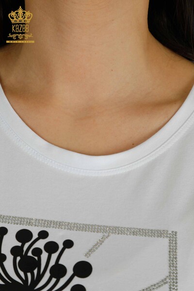 Bluză de damă cu ridicata - Brodat cu piatră - Alb - 79863 | KAZEE - Thumbnail