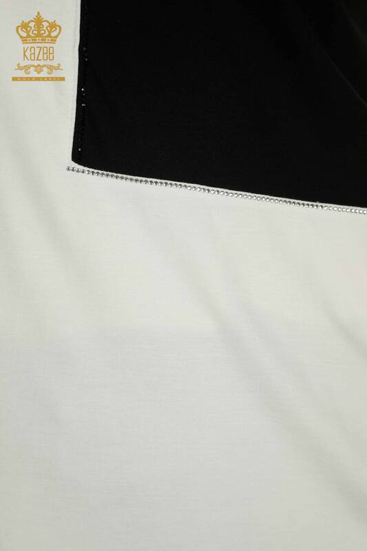 Bluză de damă cu ridicata - Brodat cu piatră - Ecru-Bej - 79529 | KAZEE
