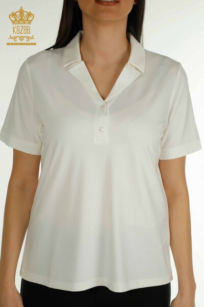Bluză de damă cu ridicata cu gât polo Ecru - 79503 | KAZEE - Thumbnail