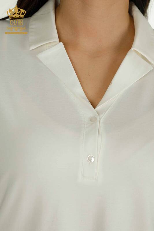Bluză de damă cu ridicata cu gât polo Ecru - 79503 | KAZEE