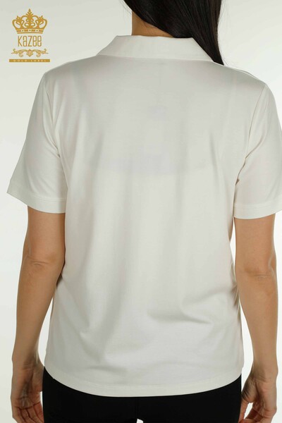 Bluză de damă cu ridicata cu gât polo Ecru - 79503 | KAZEE - Thumbnail