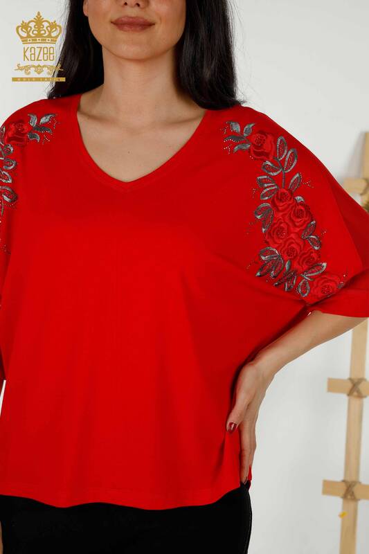 Bluză de damă cu ridicata Roșu cu model trandafir - 79095 | KAZEE