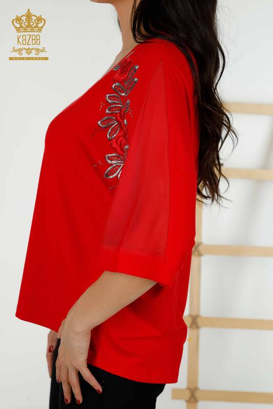 Bluză de damă cu ridicata Roșu cu model trandafir - 79095 | KAZEE