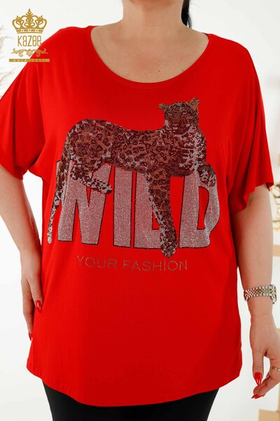 Bluză de damă cu ridicata cu roșu brodat cu piatră - 77713 | KAZEE - Thumbnail