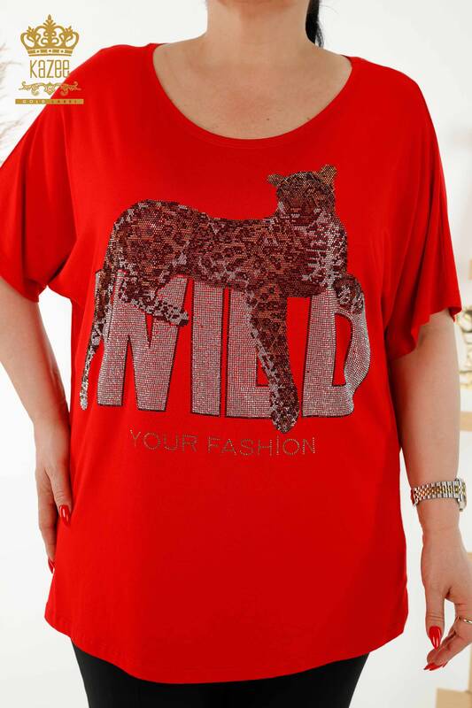 Bluză de damă cu ridicata cu roșu brodat cu piatră - 77713 | KAZEE