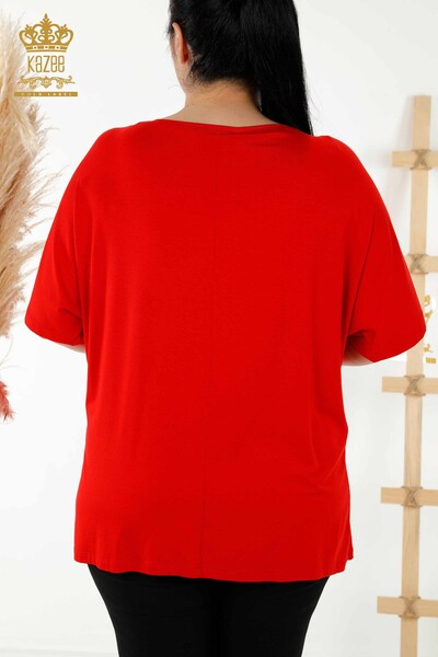 Bluză de damă cu ridicata cu roșu brodat cu piatră - 77713 | KAZEE - Thumbnail