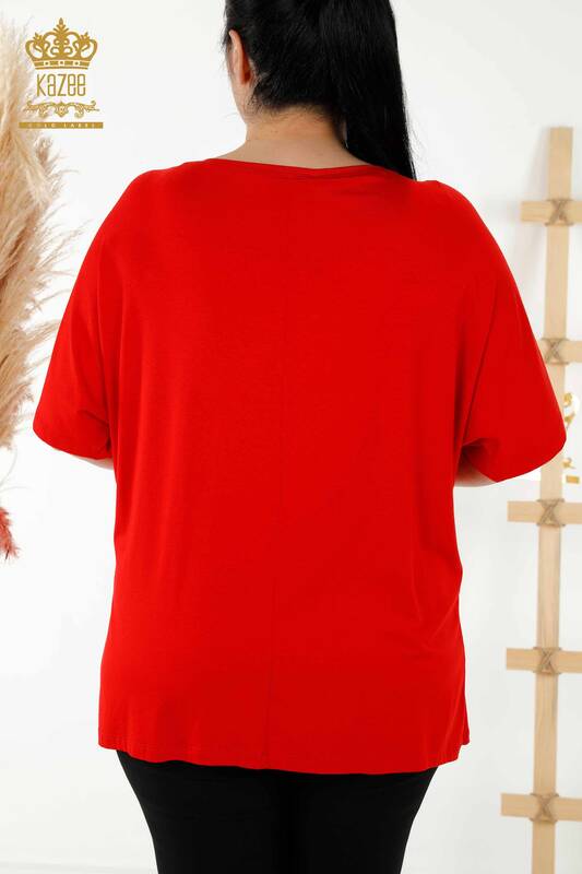 Bluză de damă cu ridicata cu roșu brodat cu piatră - 77713 | KAZEE