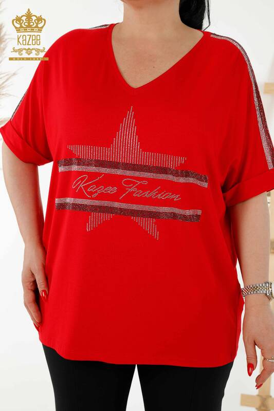 Bluză de damă cu ridicata cu roșu brodat cu piatră - 78882 | KAZEE