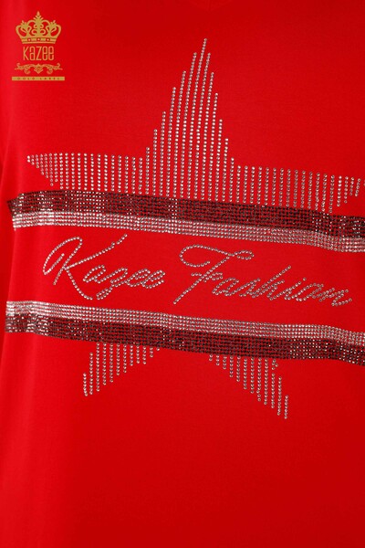 Bluză de damă cu ridicata cu roșu brodat cu piatră - 78882 | KAZEE - Thumbnail
