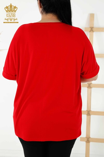Bluză de damă cu ridicata cu roșu brodat cu piatră - 78882 | KAZEE - Thumbnail