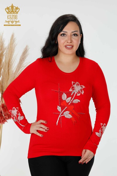 Bluză de damă cu ridicata cu roșu brodat cu piatră - 79011 | KAZEE - Thumbnail