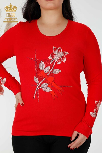Bluză de damă cu ridicata cu roșu brodat cu piatră - 79011 | KAZEE - Thumbnail