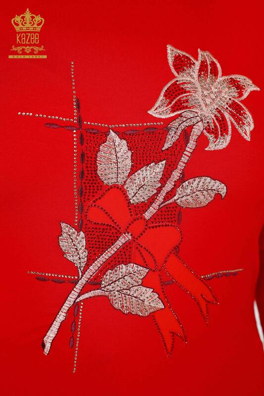 Bluză de damă cu ridicata cu roșu brodat cu piatră - 79011 | KAZEE