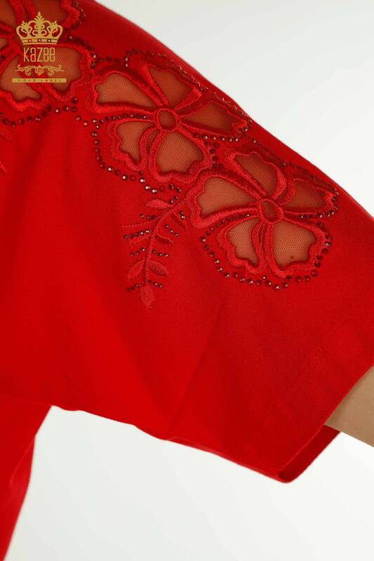 Bluză de damă cu ridicata roșu cu modele florale - 79049 | KAZEE