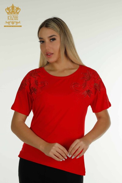 Bluză de damă cu ridicata roșu cu modele florale - 79093 | KAZEE - Thumbnail